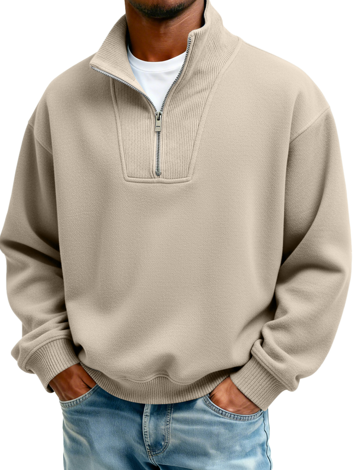 Men's Stand Collar Zipper Ribbed Panel Casual Long-Sleeve Sweatshirt