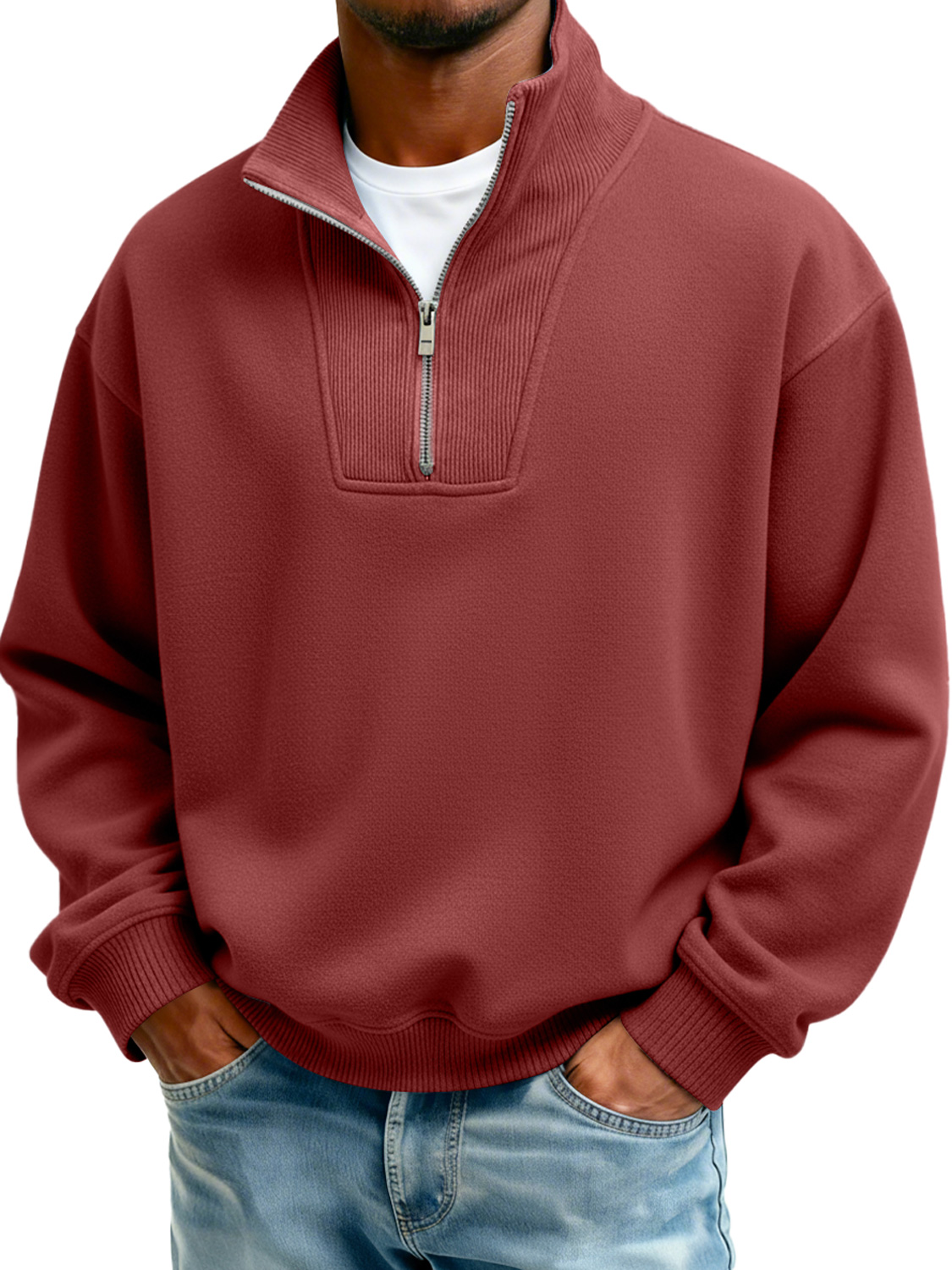 Men's Stand Collar Zipper Ribbed Panel Casual Long-Sleeve Sweatshirt