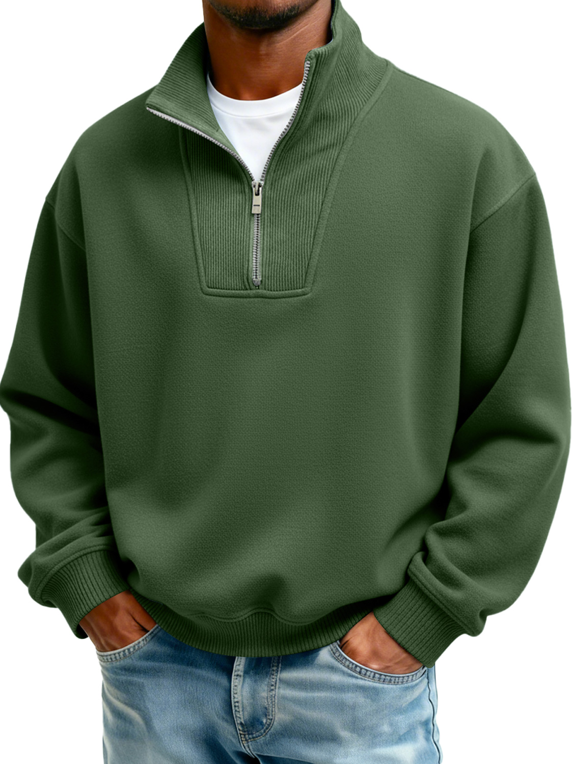 Men's Stand Collar Zipper Ribbed Panel Casual Long-Sleeve Sweatshirt