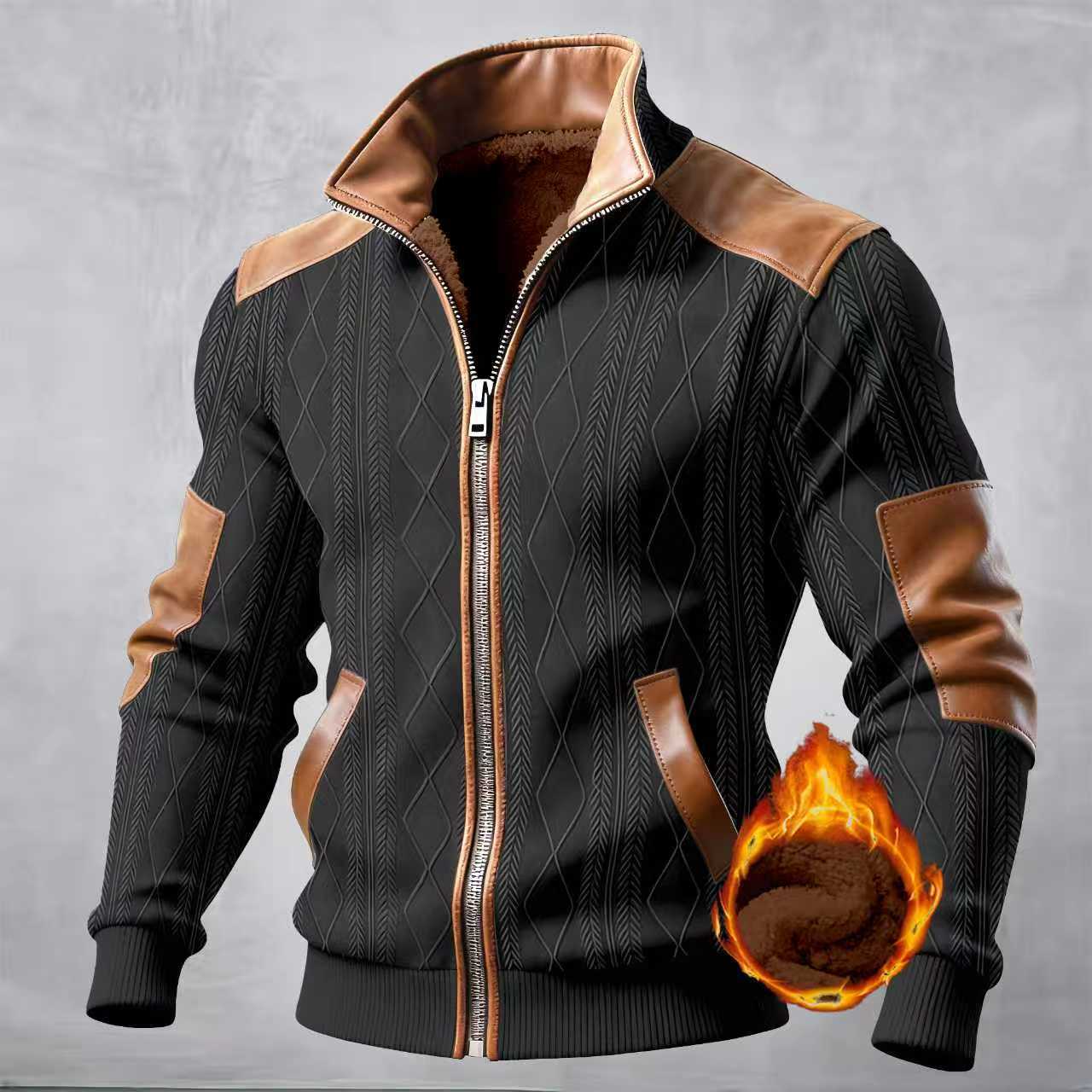 Men'S Color-Blocked Textured Velvet Zipper Casual Jacket