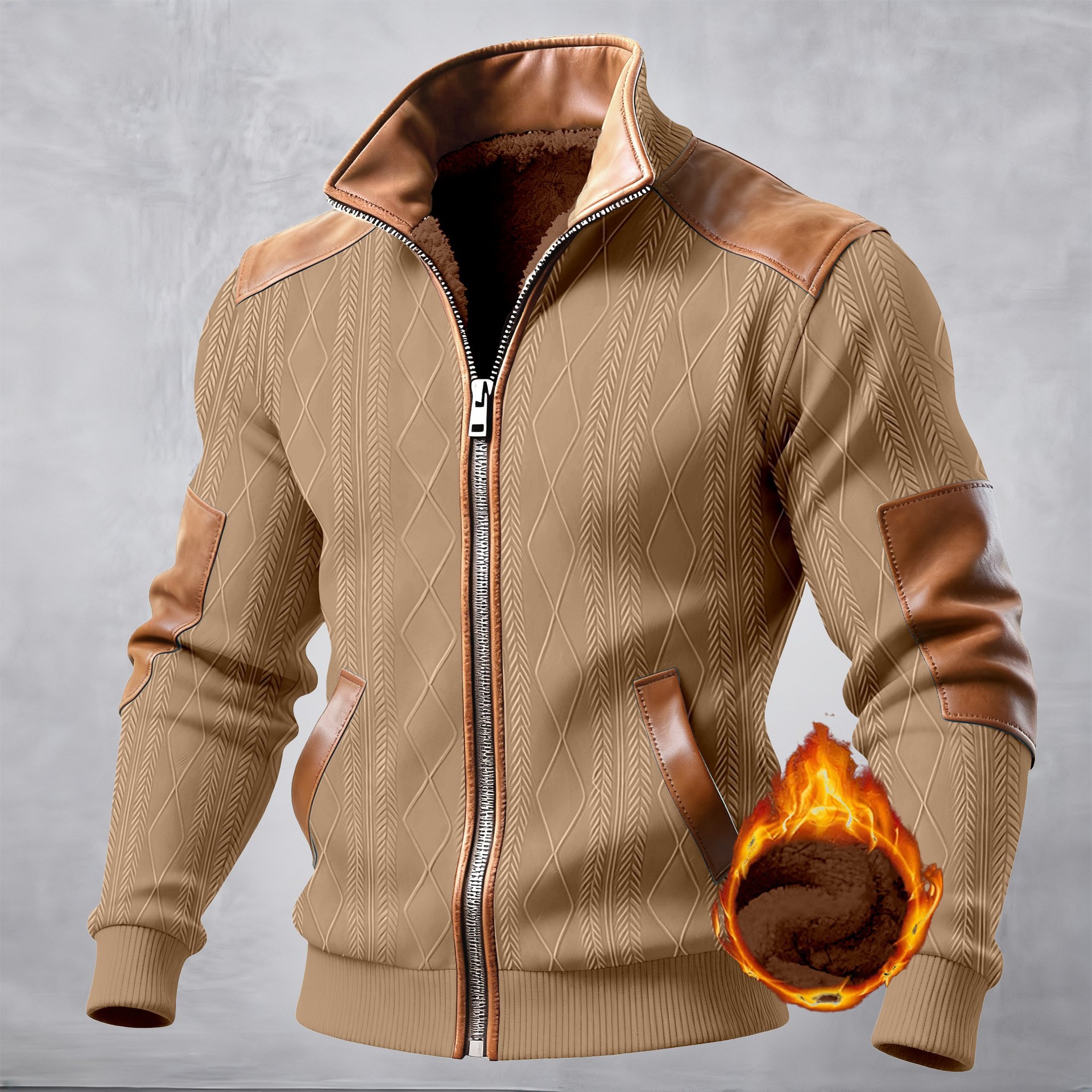 Men'S Color-Blocked Textured Velvet Zipper Casual Jacket