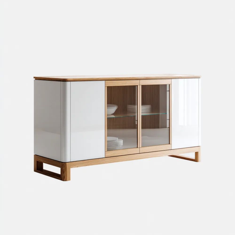 Credenza in legno e vetro 180x40x80 cm – Bianco Naturale – Design moderno