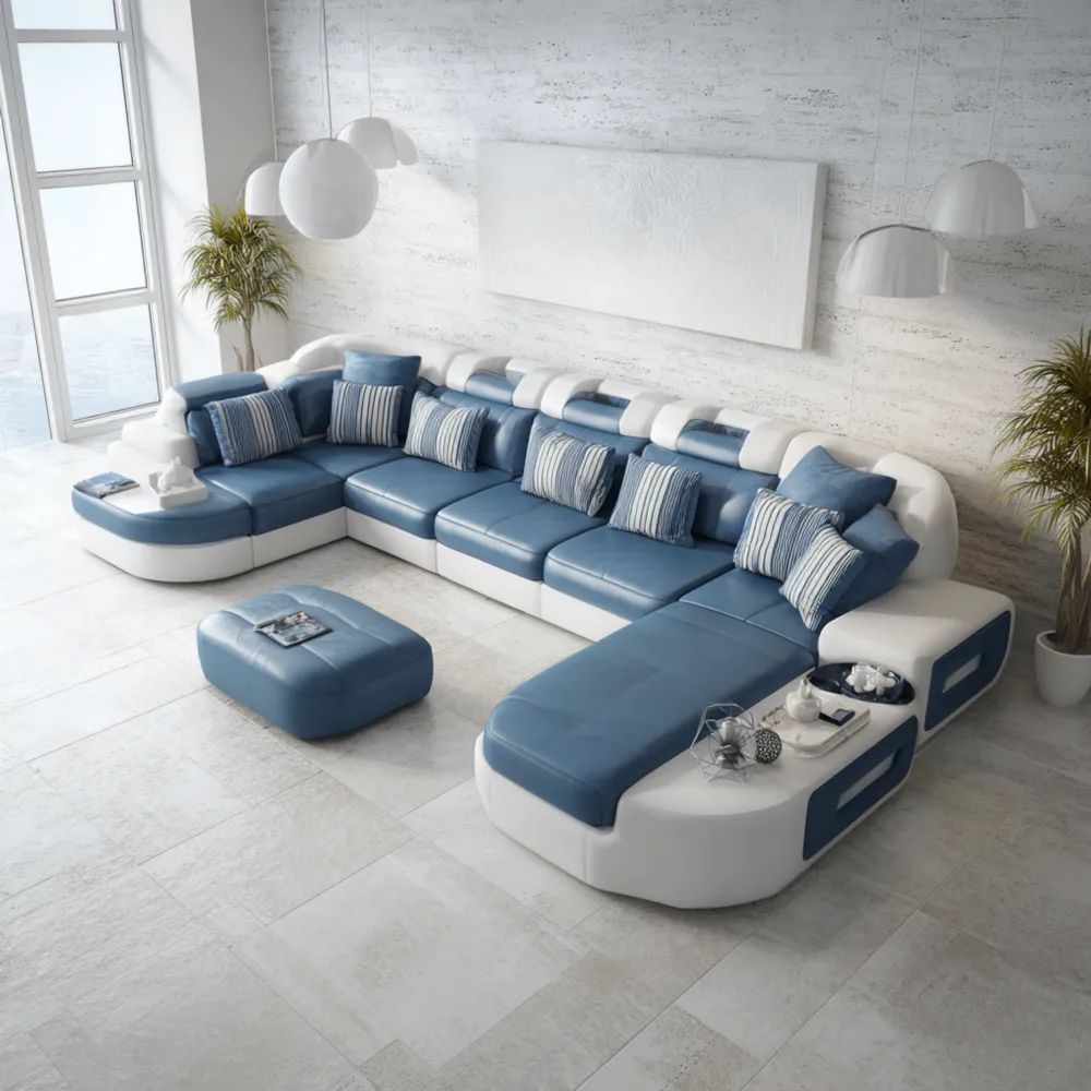 Divano Angolare in Pelle 320x320x85 cm - Blu/Bianco - Design Moderno