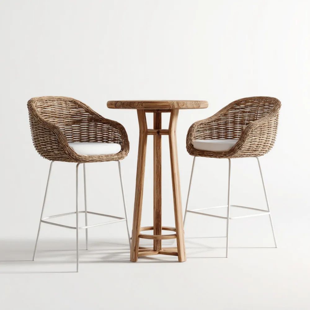 Bar-Set Rattan 2 Sitzer mit Tisch 60x60x110 cm – Natur/Weiß