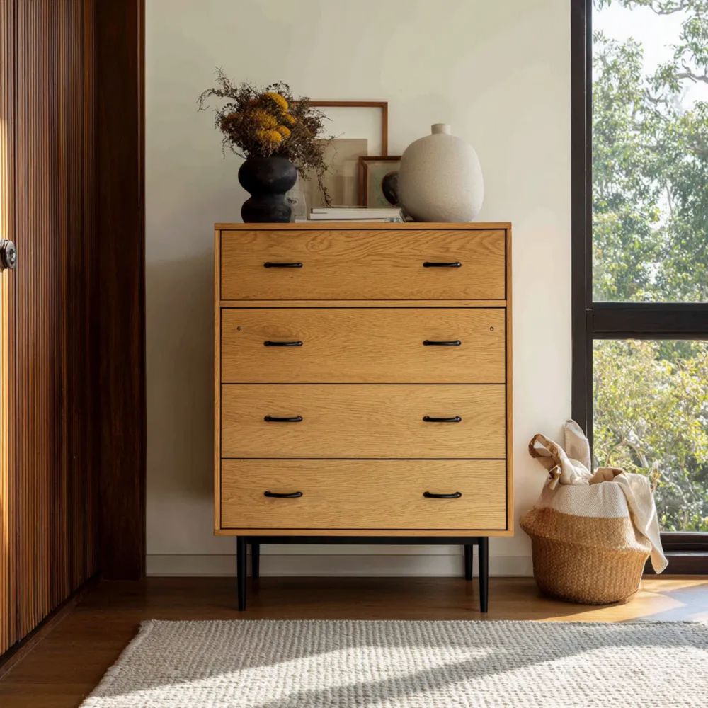 Kommode Holzoptik 4 Schubladen 100x45x120 cm – Eichenfarben – Modernes Design