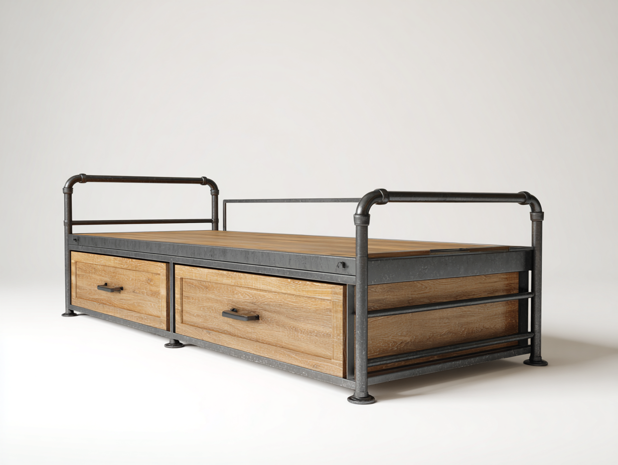 Lit simple industriel métal et finition bois 190x90x75 cm - Design fonctionnel - Chambre enfant ou adulte-Cottalab