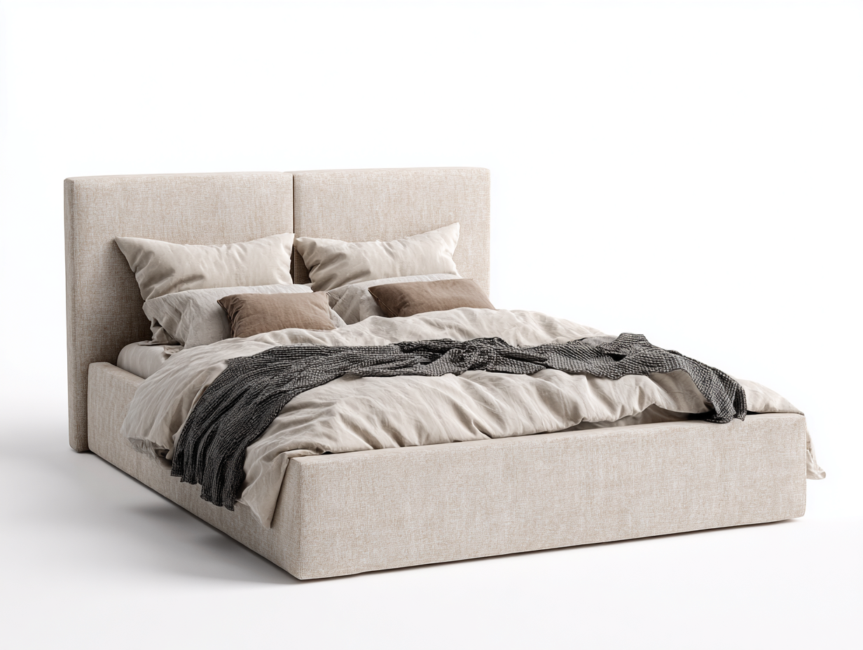 Lit double en tissu 200x160x110 cm - Revêtement textile beige - Design contemporain-Cottalab