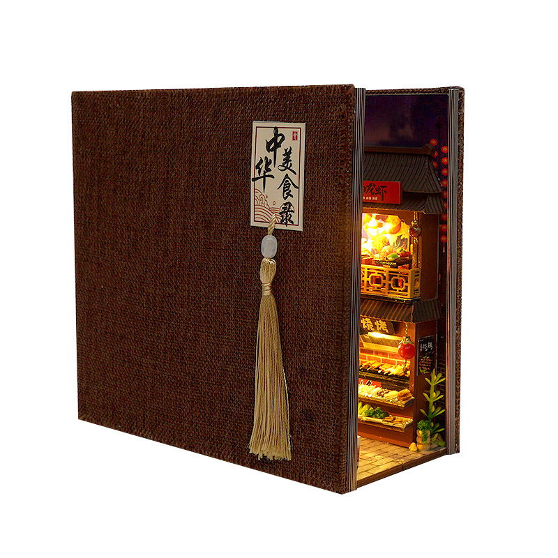 Chinese Food Street Pop-Up Book Kit – Wooden Miniature Model with LED Lights, DIY Craft Kit for Adults, Traditional Street Scene Collection