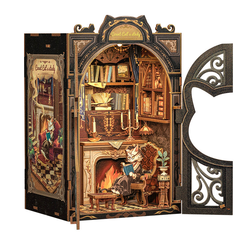 Cat Earl's Study Miniature Book nook Kit – Wooden DIY Model with Touch Lamp, 121 Pieces, Easy Assembly Desk Decor