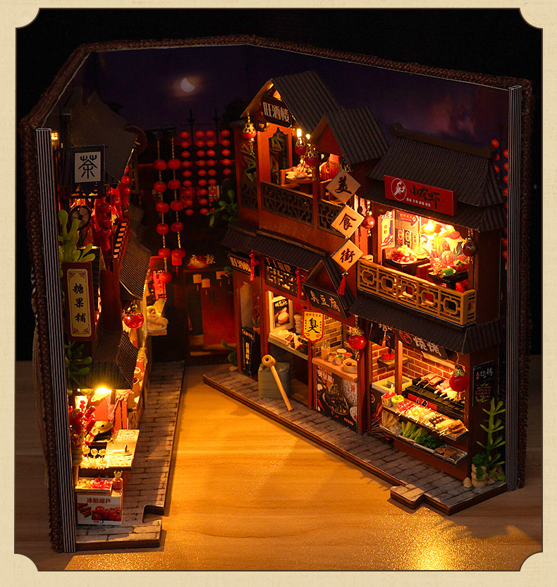 Chinese Food Street Pop-Up Book Kit – Wooden Miniature Model with LED Lights, DIY Craft Kit for Adults, Traditional Street Scene Collection