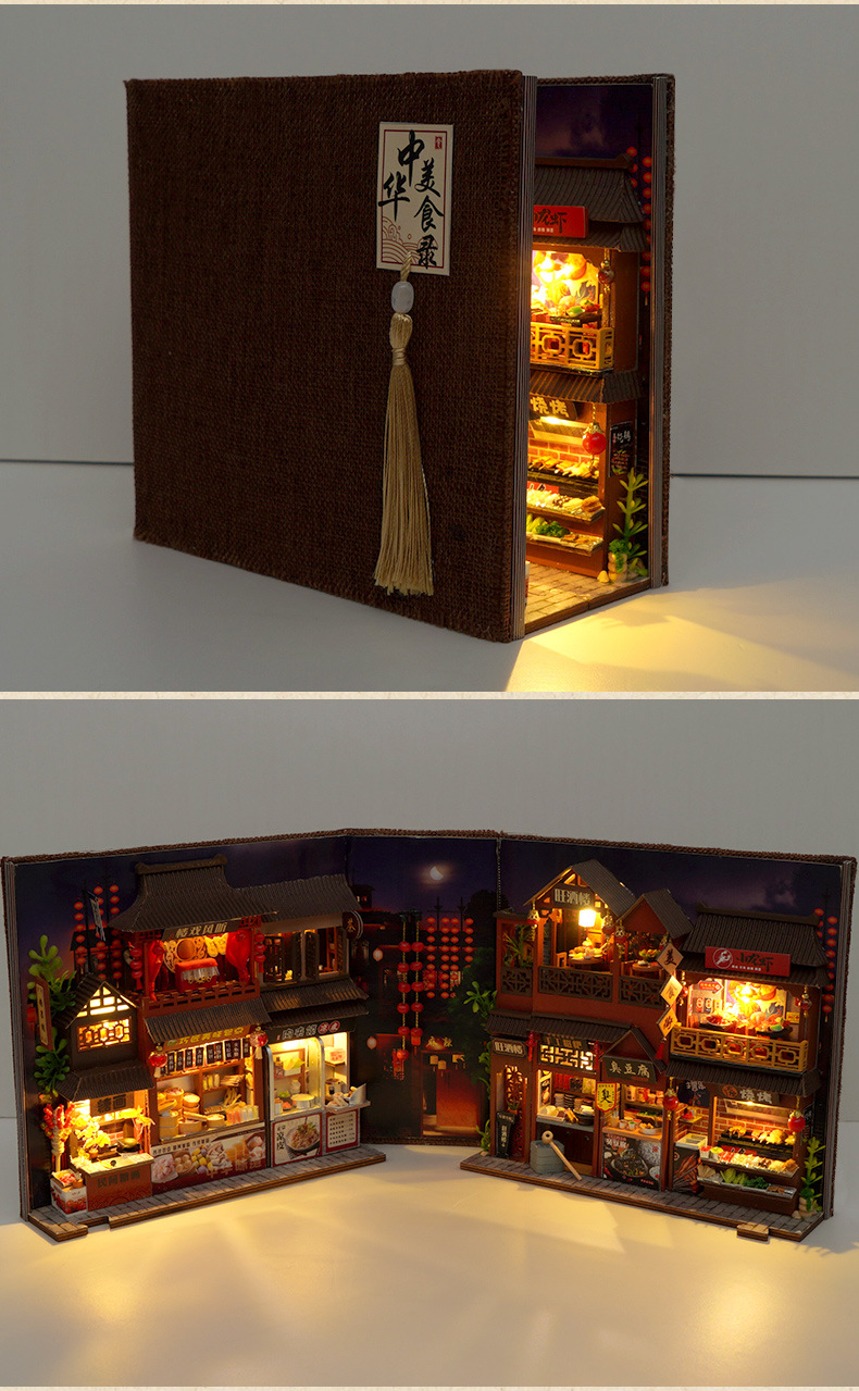 Chinese Food Street Pop-Up Book Kit – Wooden Miniature Model with LED Lights, DIY Craft Kit for Adults, Traditional Street Scene Collection