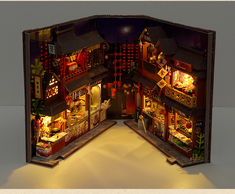 Chinese Food Street Pop-Up Book Kit – Wooden Miniature Model with LED Lights, DIY Craft Kit for Adults, Traditional Street Scene Collection