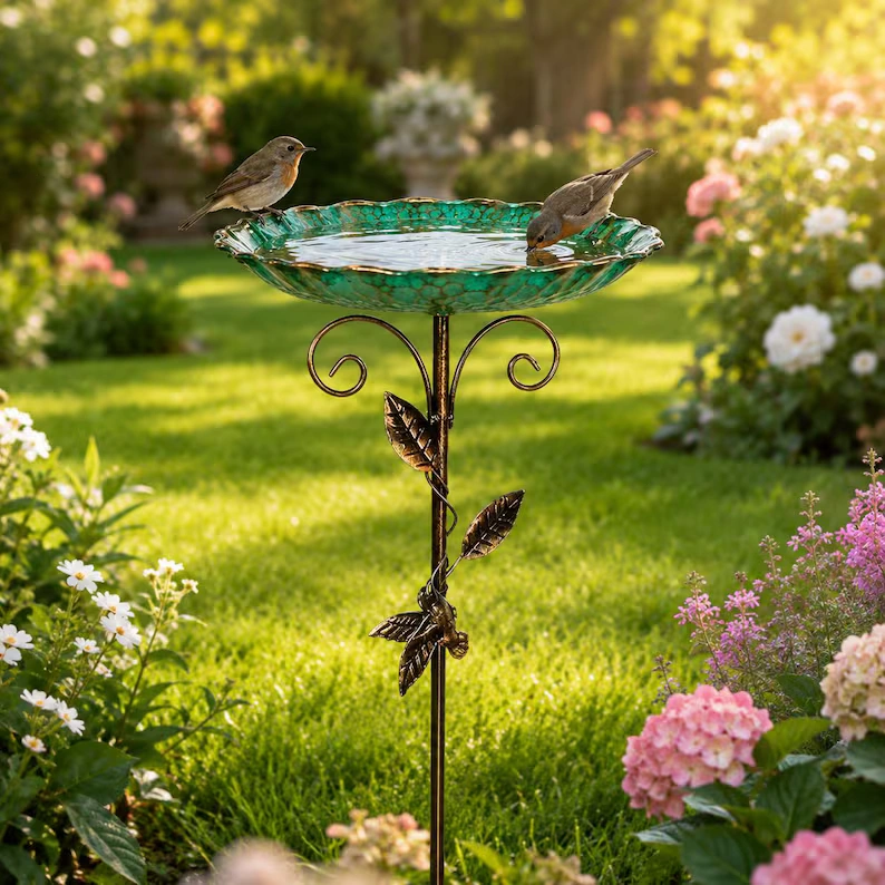 Vintage Garden Stake Bird Bath & Feeder