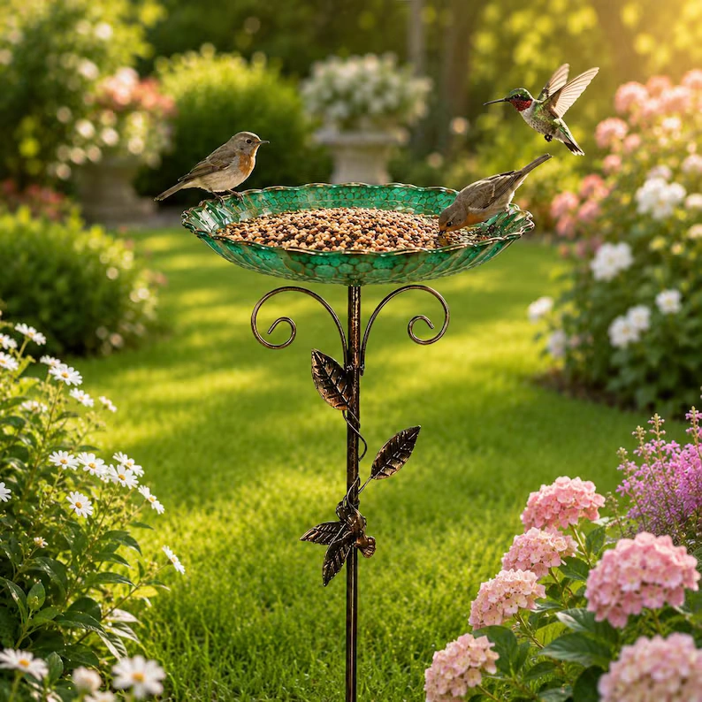Vintage Garden Stake Bird Bath & Feeder