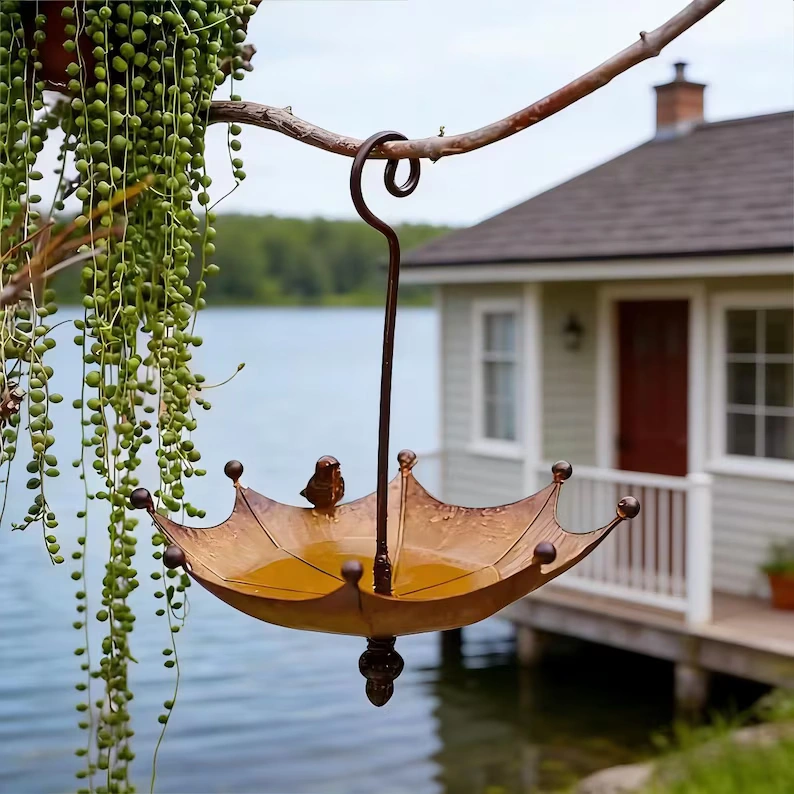 Vintage Umbrella Bird Feeder | Rustic Metal Bird Bath | Outdoor Garden Hanging Decor