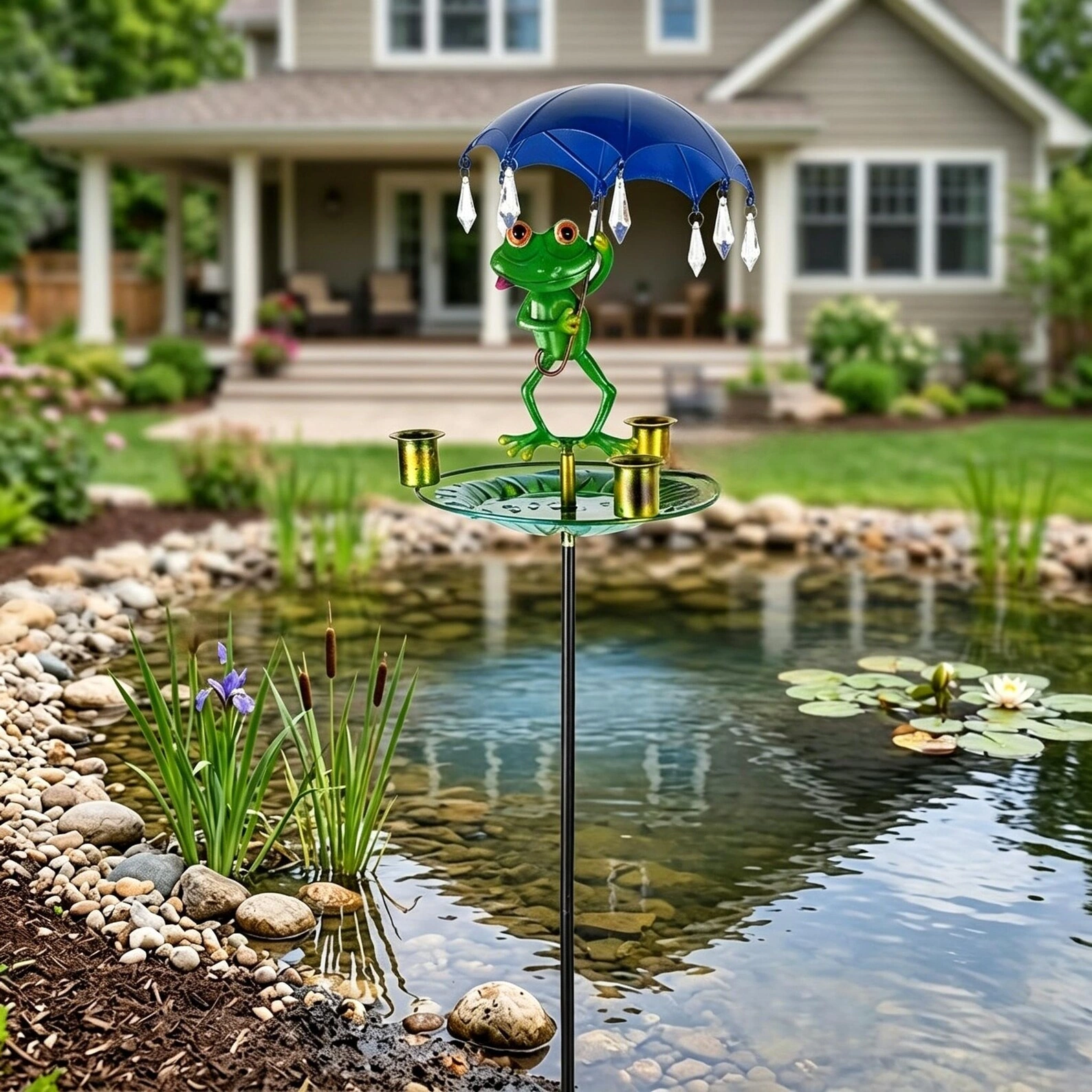 Frog Umbrella Garden Stake Bird Feeder & Bath