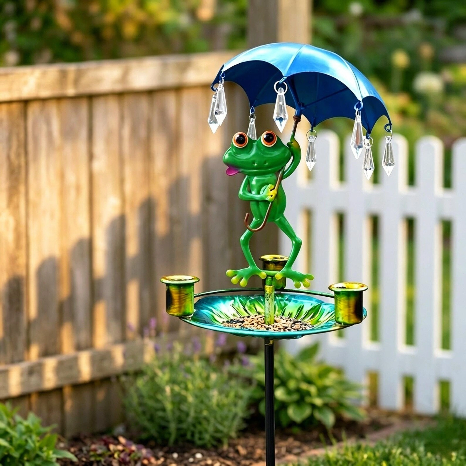 Frog Umbrella Garden Stake Bird Feeder & Bath