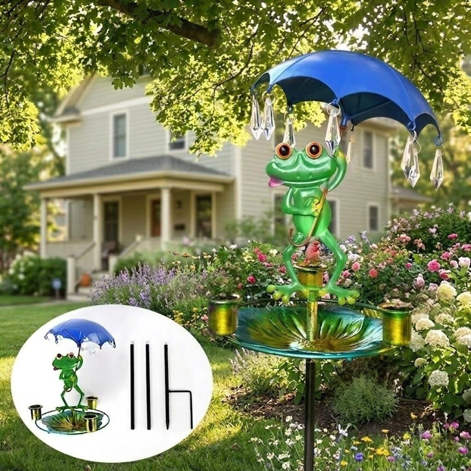 Frog Umbrella Garden Stake Bird Feeder & Bath