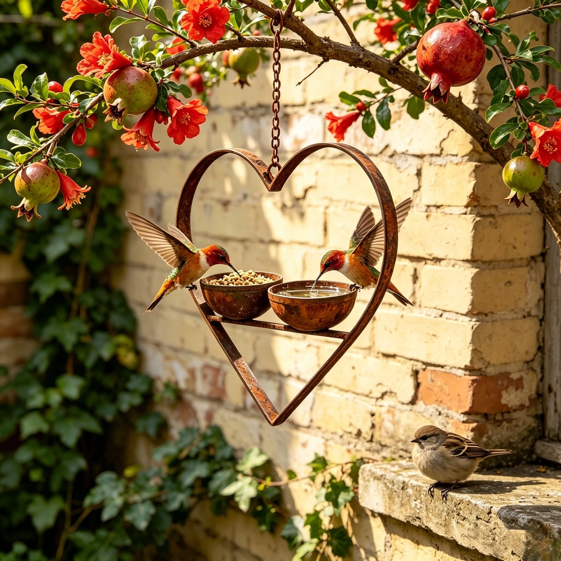 Heart-Shaped Double Bowl Hanging Bird Feeder