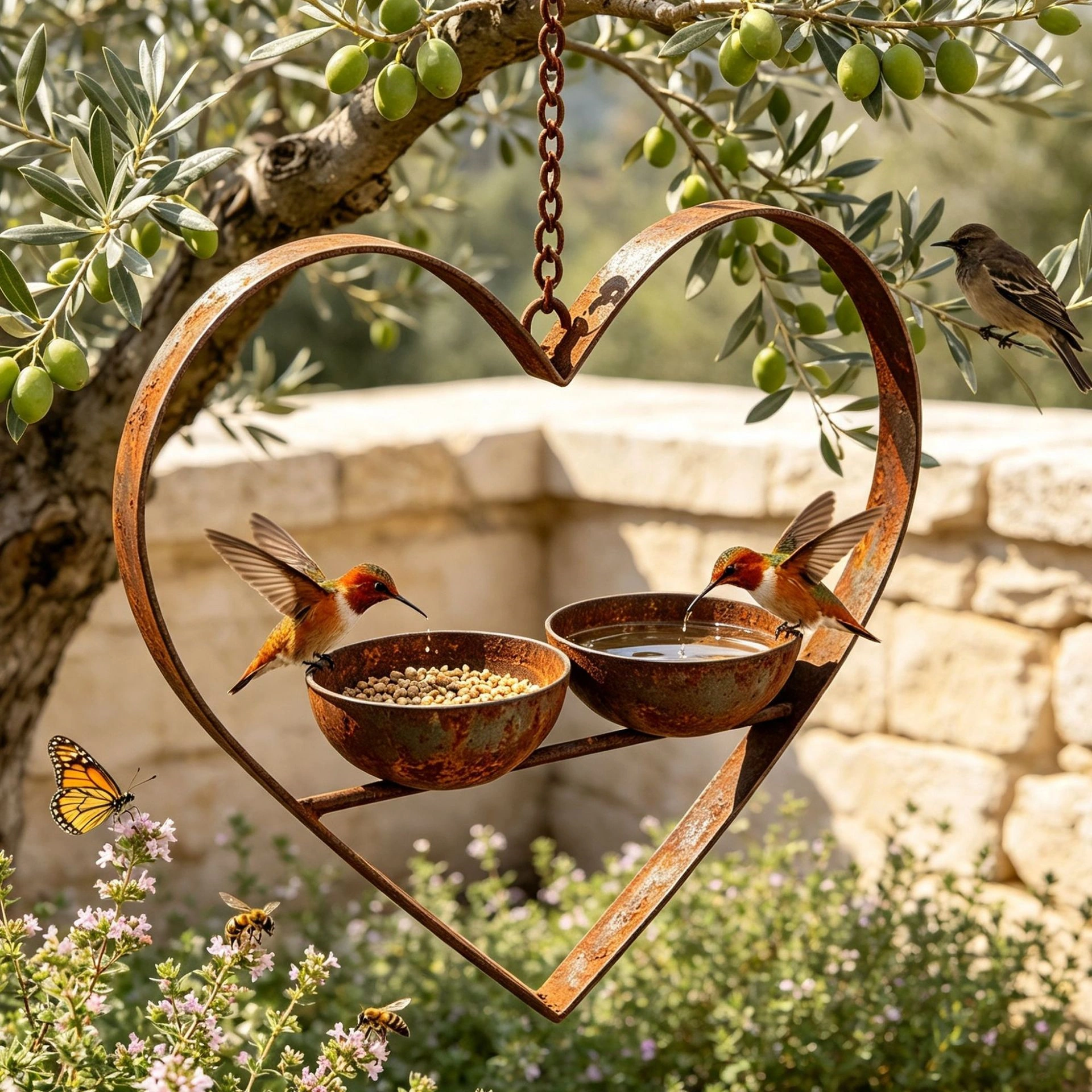 Heart-Shaped Double Bowl Hanging Bird Feeder