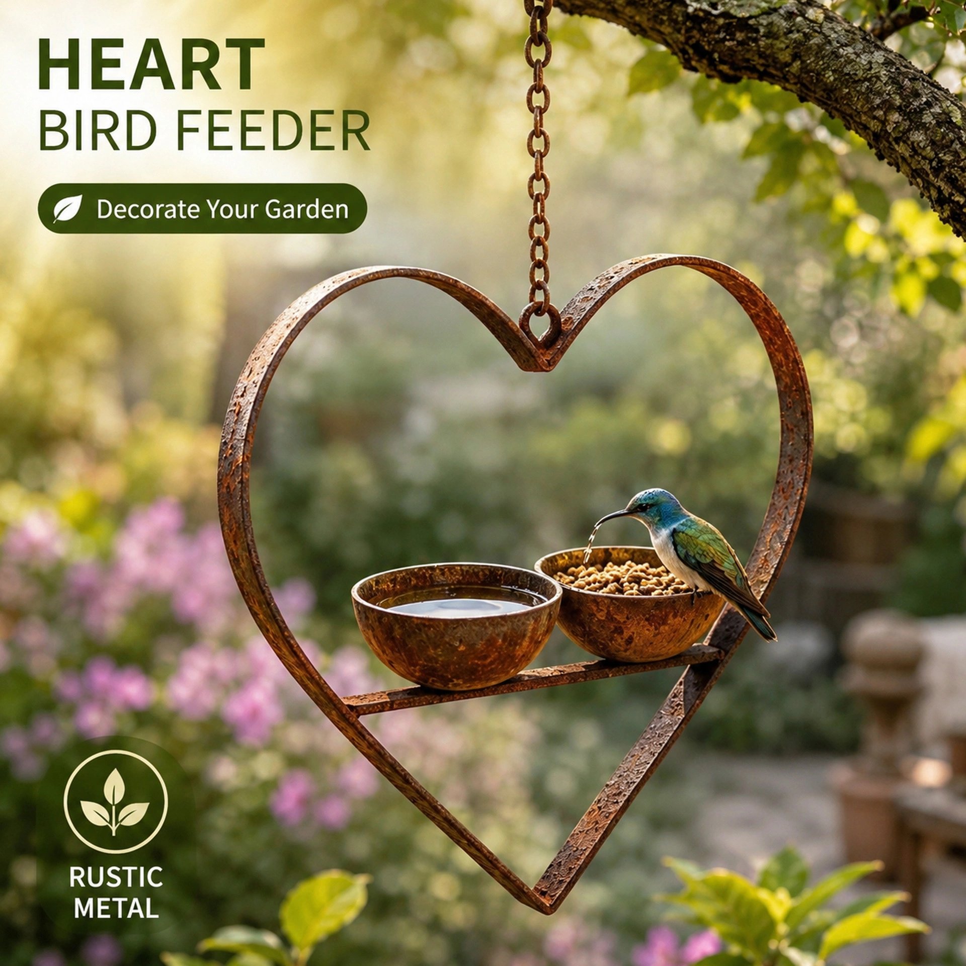 Heart-Shaped Double Bowl Hanging Bird Feeder