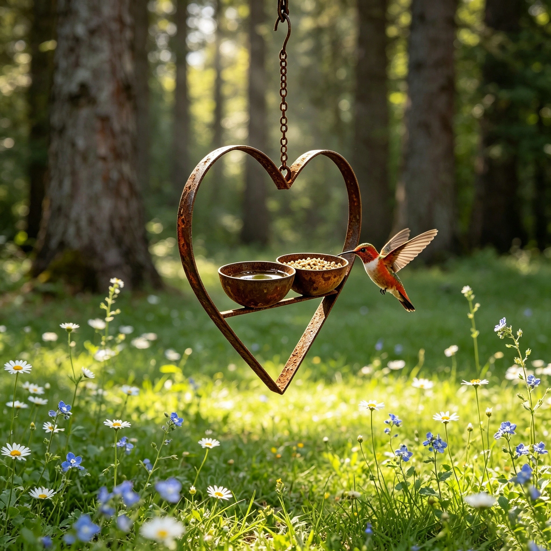 Heart-Shaped Double Bowl Hanging Bird Feeder