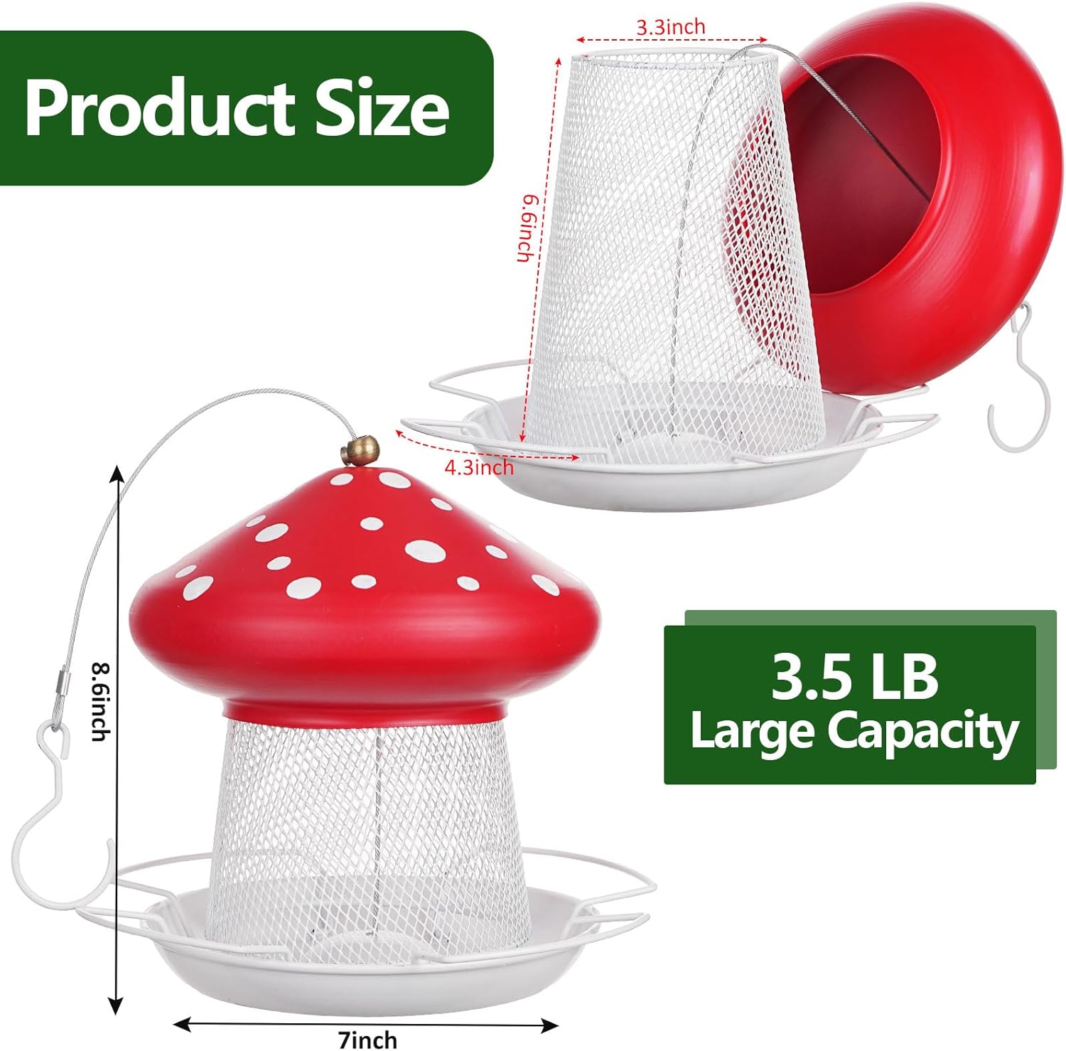3.5lb Mushroom Metal Bird Feeder -  Red