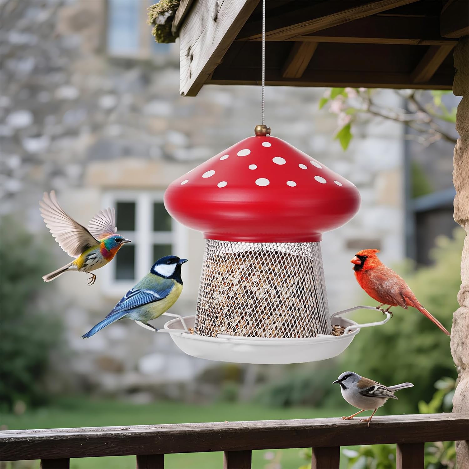3.5lb Mushroom Metal Bird Feeder -  Red
