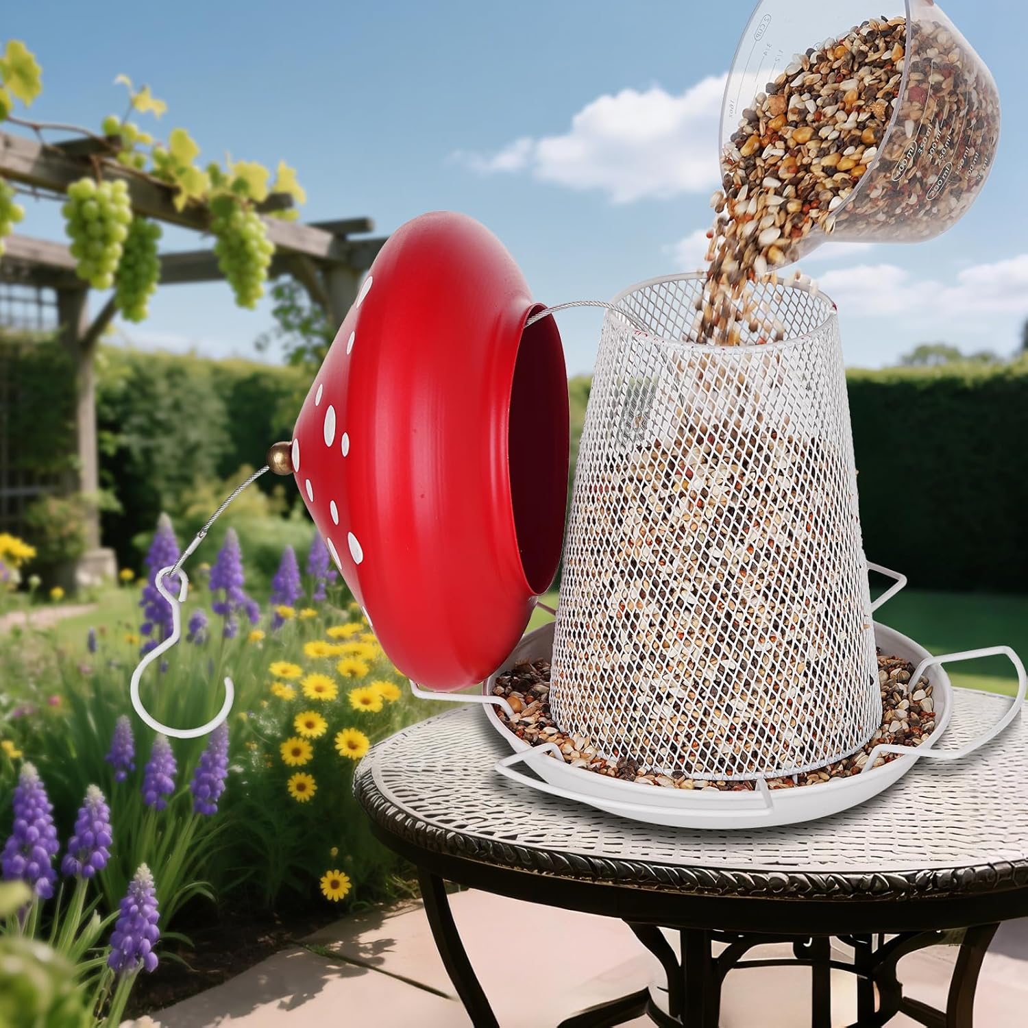 3.5lb Mushroom Metal Bird Feeder -  Red