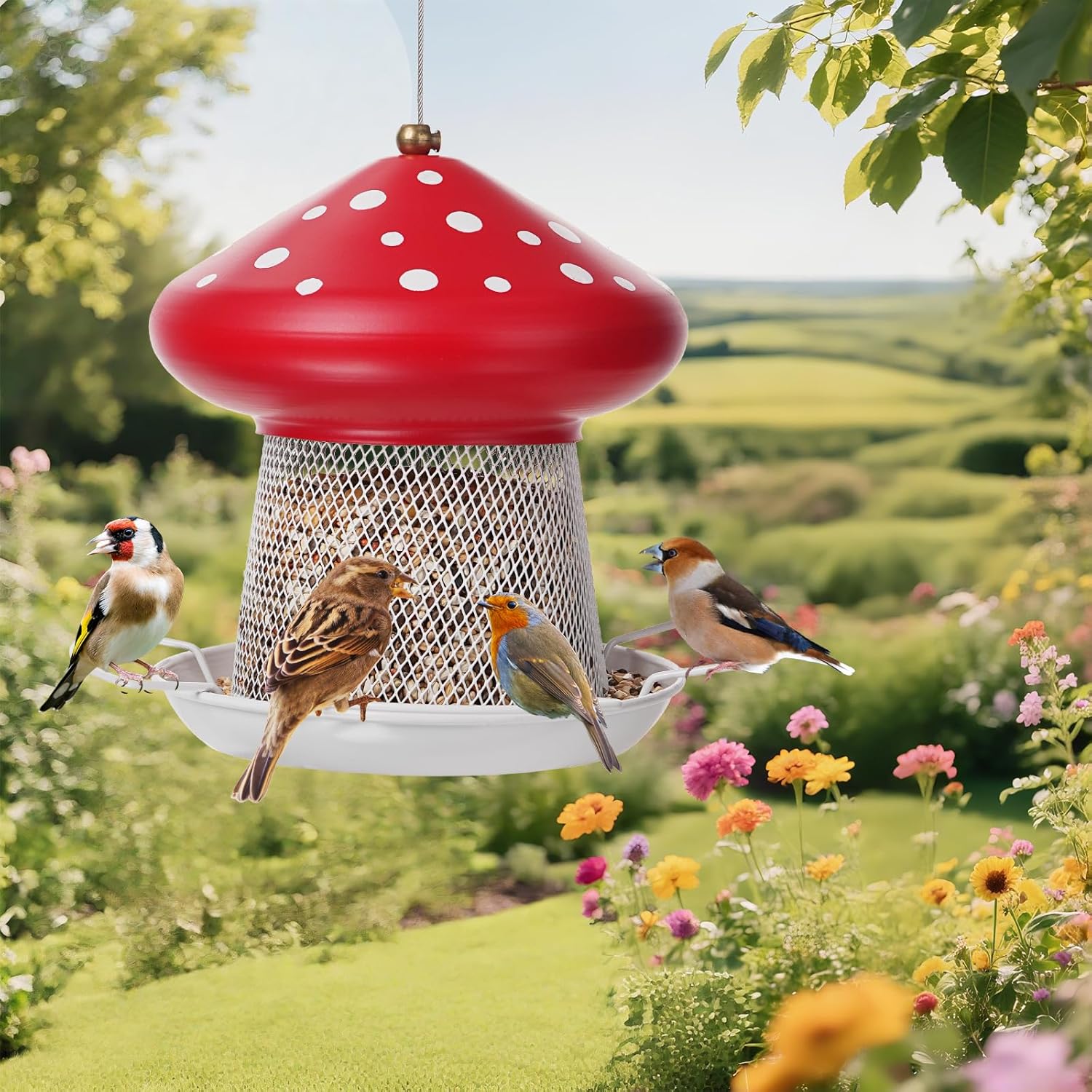 3.5lb Mushroom Metal Bird Feeder -  Red