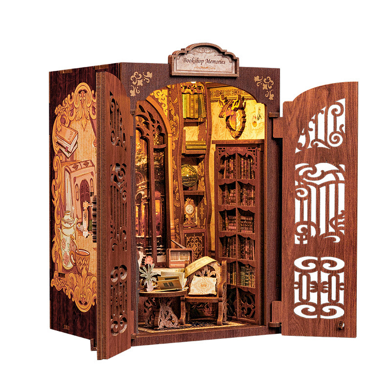 Bookstore Memories Miniature Book nook Kit – Wooden DIY Model with Touch Lamp, 137 Pieces, Easy Assembly Desk Decor