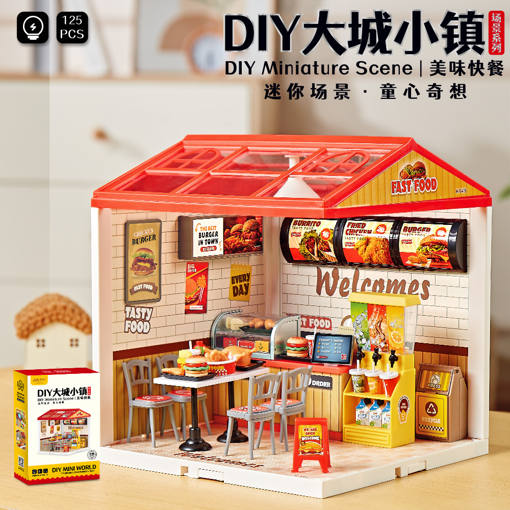 Tasty Fast Food Restaurant Building Block Set – DIY Miniature Scene Model Kit with 125 Pieces, Compatible with Standard Bricks