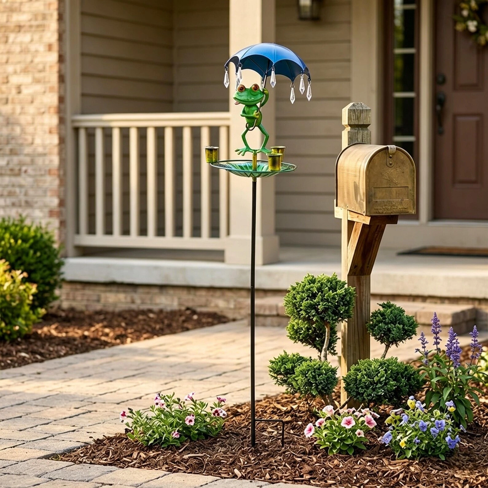 Frog Umbrella Garden Stake Bird Feeder & Bath