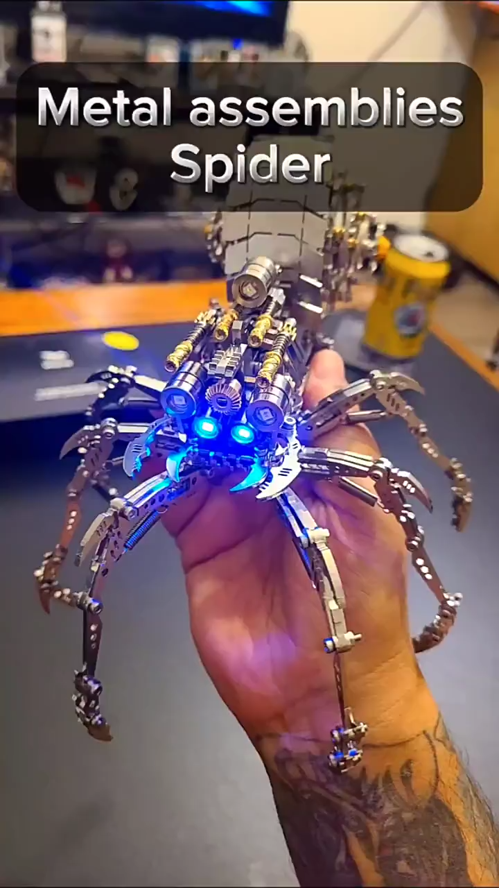 3D Metal Spider Kit – Stainless Steel Mechanical Model with LED Lights, DIY Assembly Toy