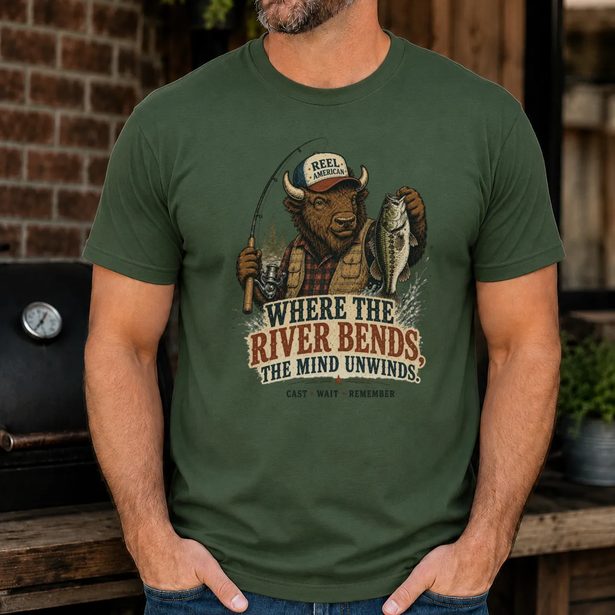 Where the River Bends Bison Fishing Vintage Graphic |Classic Unisex Tee