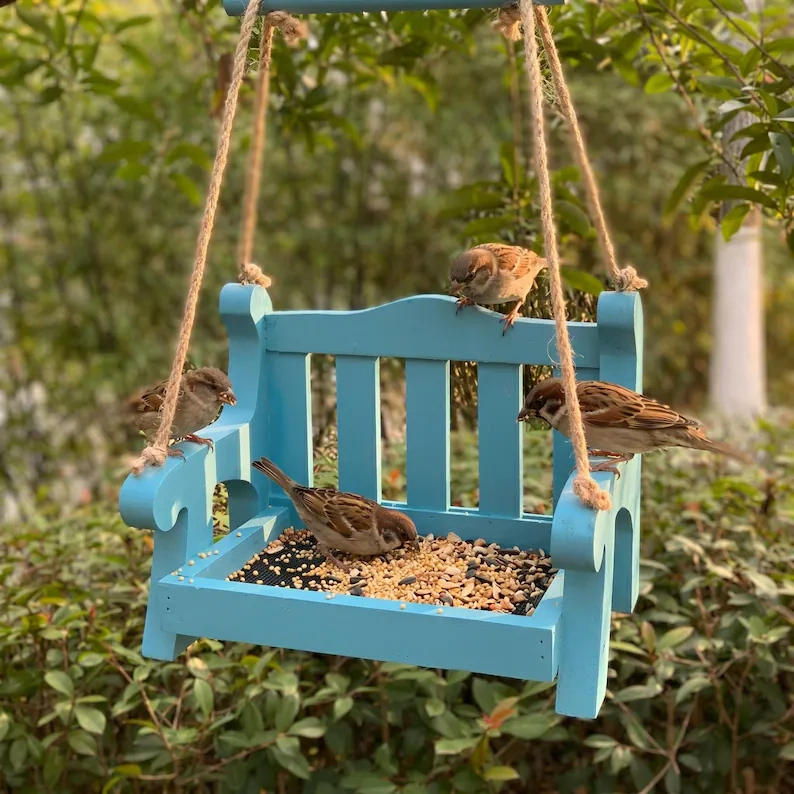 Wooden Porch Swing Hanging Bird Feeder