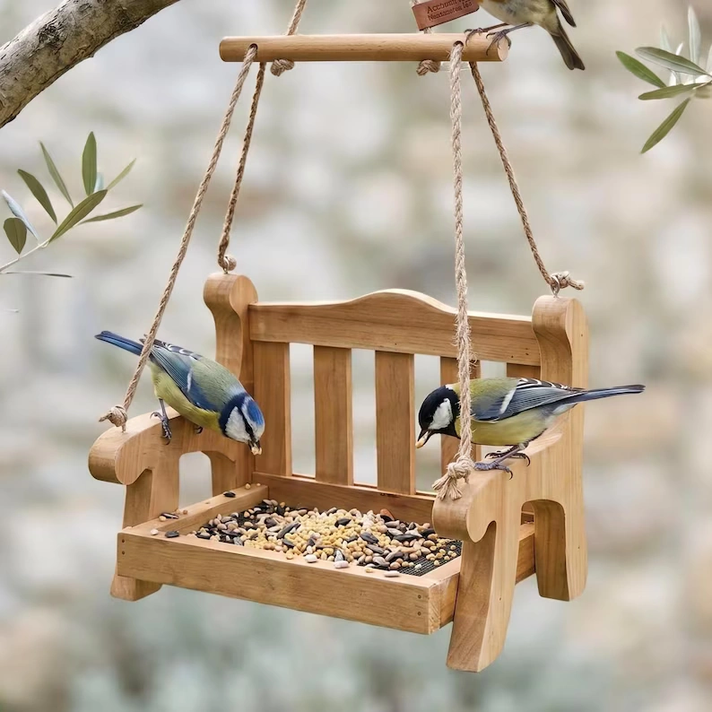 Wooden Porch Swing Hanging Bird Feeder