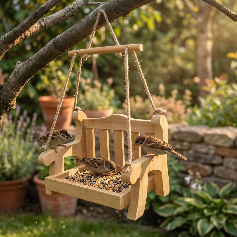Wooden Porch Swing Hanging Bird Feeder