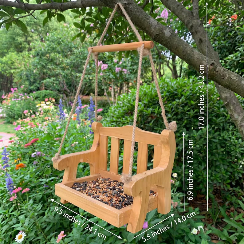 Wooden Porch Swing Hanging Bird Feeder