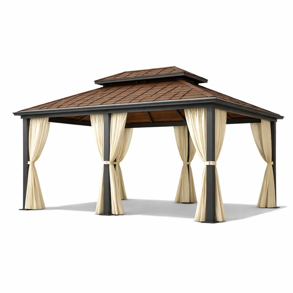Pavillon en aluminium avec rideaux en polyester beige et toit en polycarbonate-Chicoasisliving