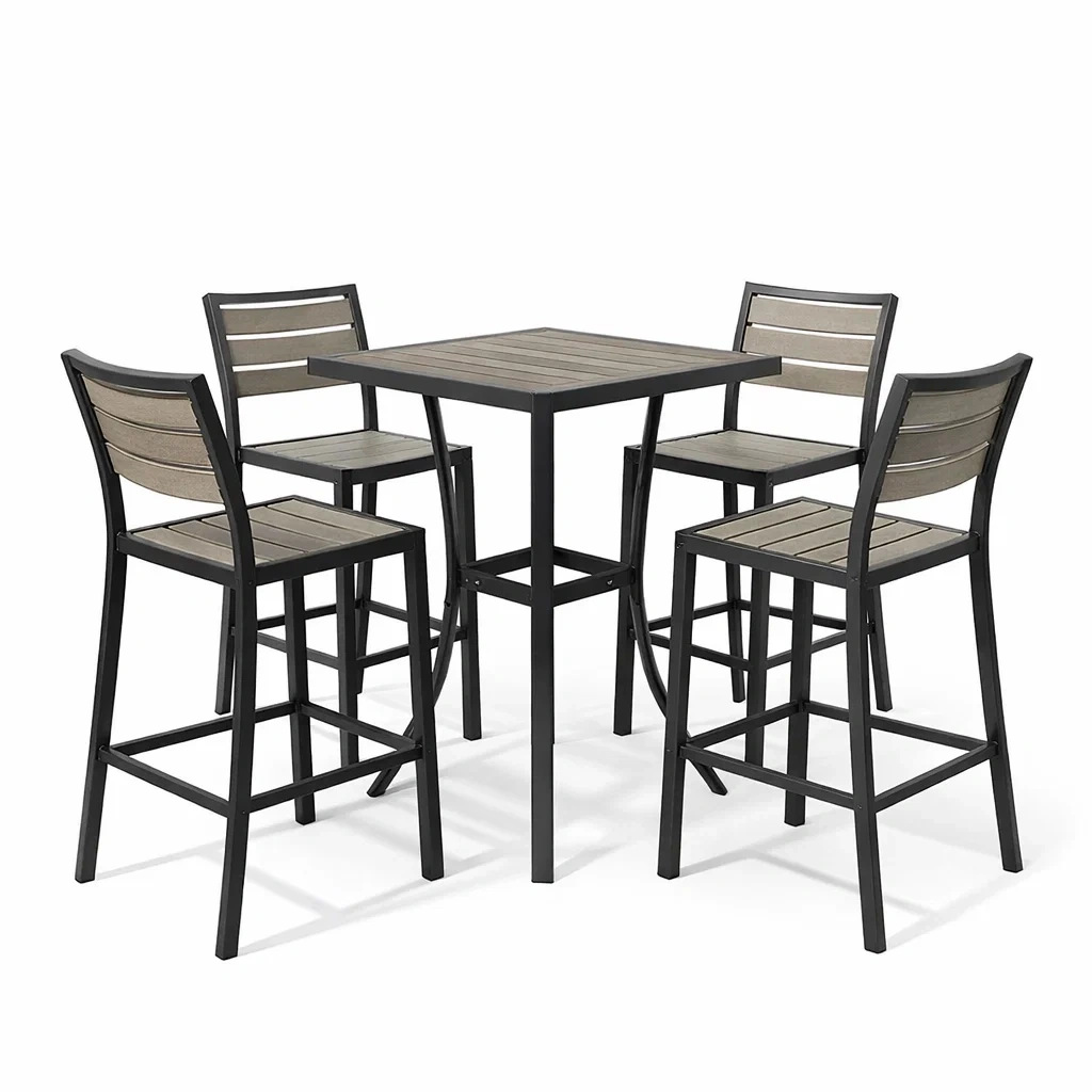 Ensemble de bar en métal et bois gris avec table haute carrée et chaises-PURE DRE AMSP ACE