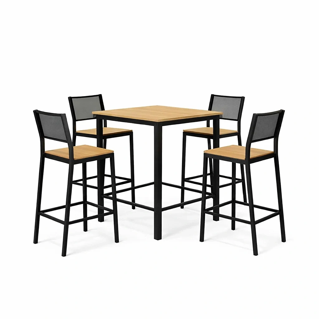 Ensemble de bar en bois et métal noir avec table haute et tabourets-PURE DRE AMSP ACE