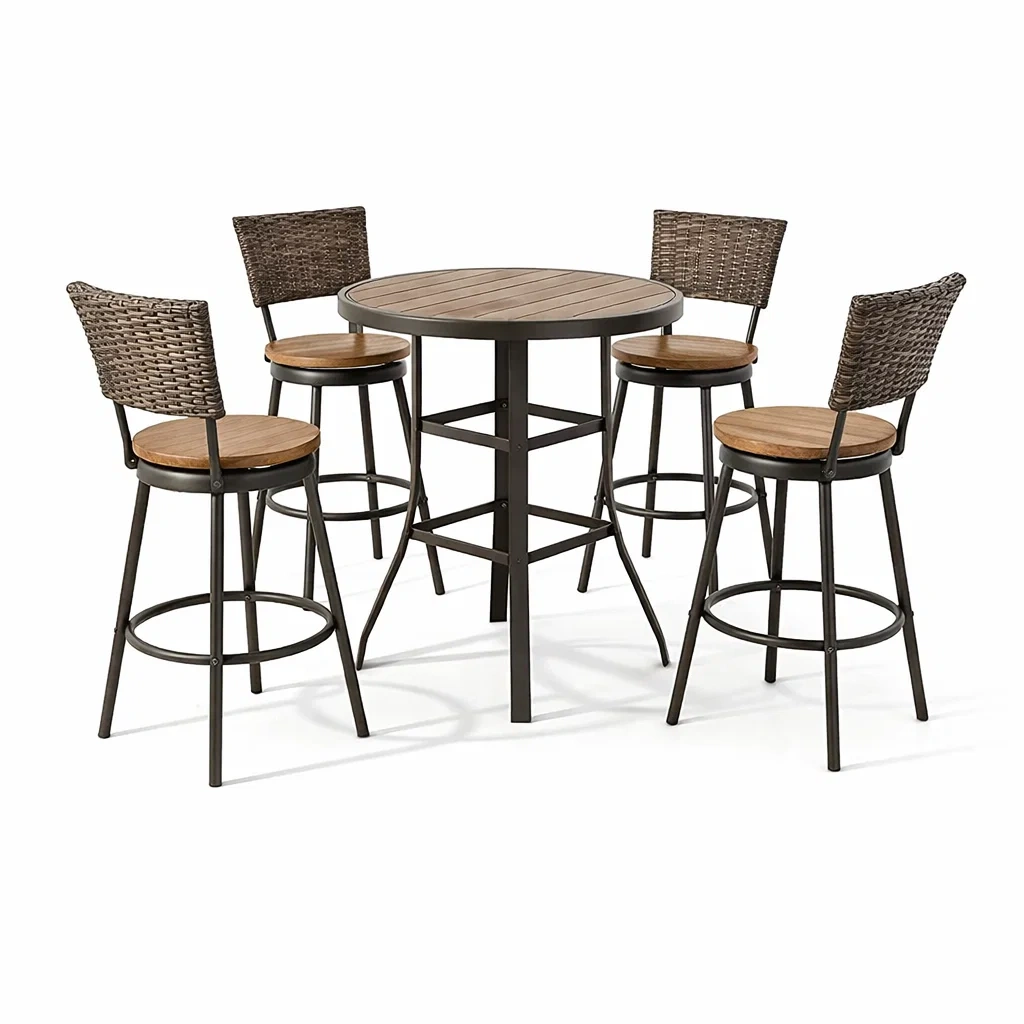 Ensemble de bar en métal et bois composite avec table haute et tabourets à dossier tressé-PURE DRE AMSP ACE