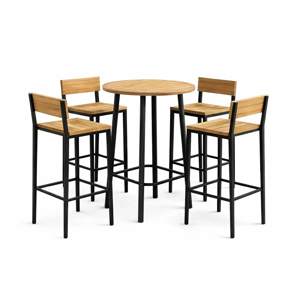 Ensemble de bar en bois d'acacia et acier noir avec table ronde et chaises-PURE DRE AMSP ACE