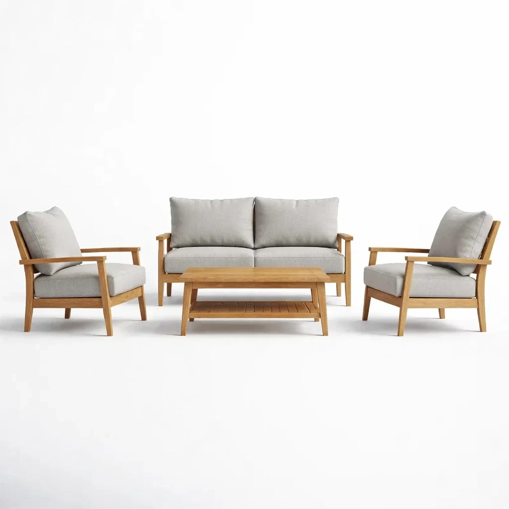 Ensemble de canapés extérieur en bois de teck avec coussins en polyester gris-PURE DRE AMSP ACE