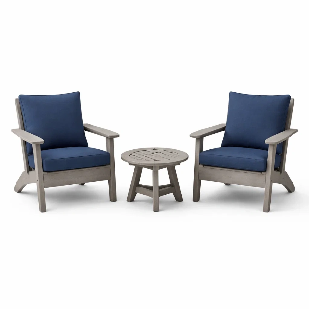 Ensemble de détente en bois et tissu polyester bleu avec fauteuils et table basse-PURE DRE AMSP ACE