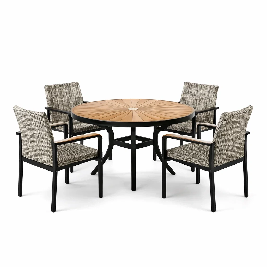 Ensemble table et chaises en métal et bois avec table ronde et assises en osier tressé-PURE DRE AMSP ACE