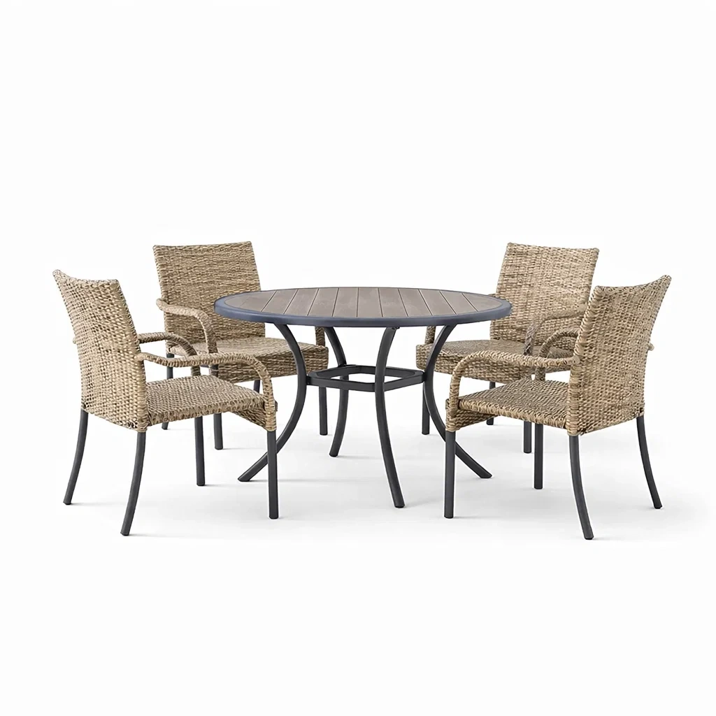 Ensemble table et chaises de salle à manger extérieure en rotin et acier avec table ronde-PURE DRE AMSP ACE