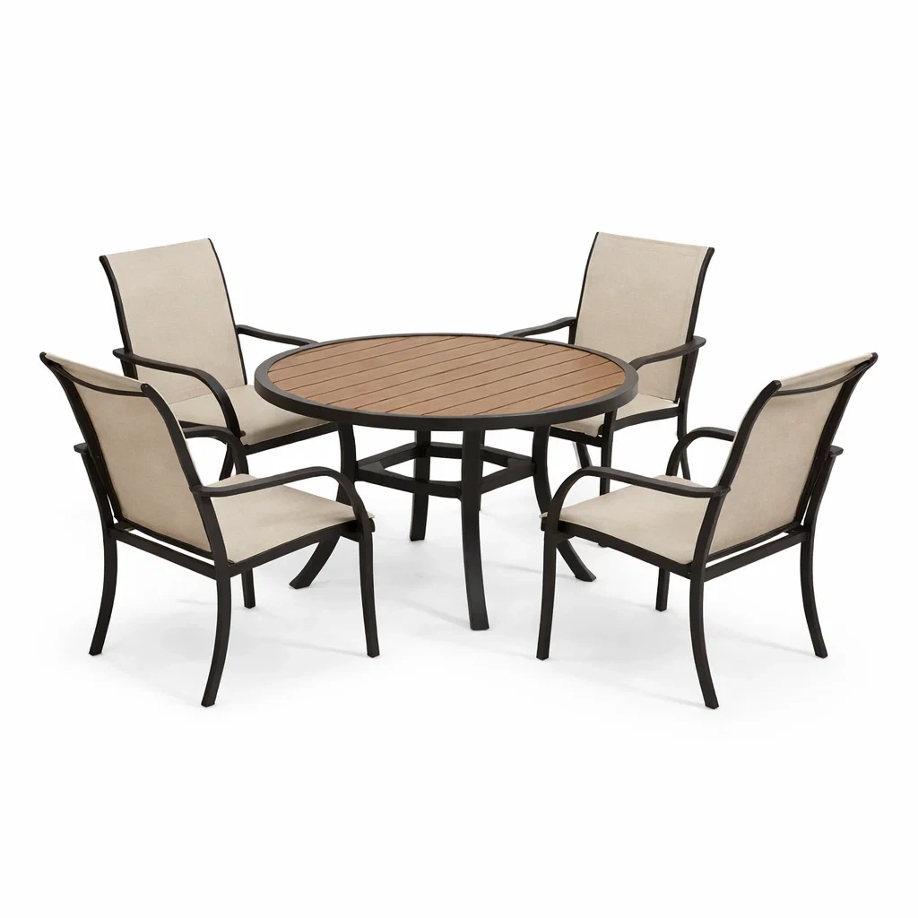 Ensemble table et chaises de salle à manger extérieure en métal et bois avec assises en polyester-PURE DRE AMSP ACE