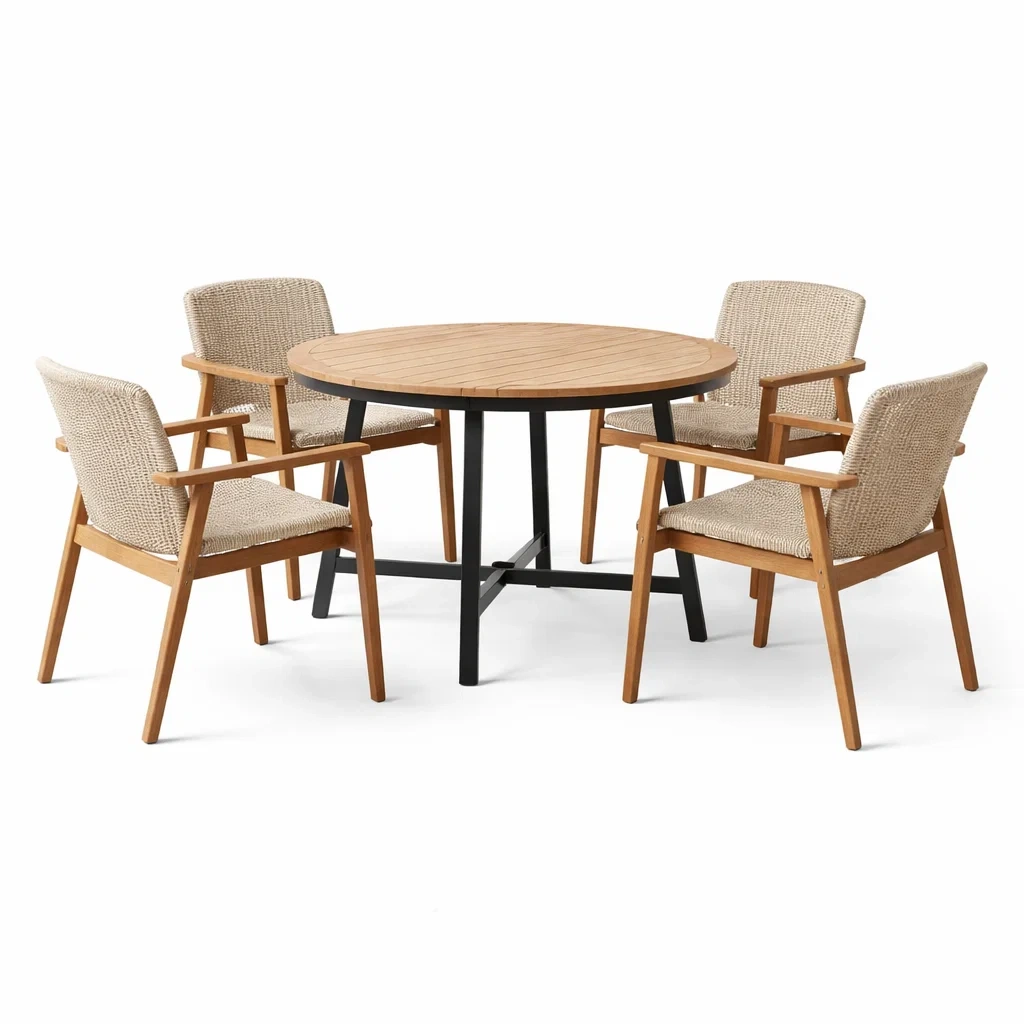 Ensemble table et chaises en bois de teck avec table ronde et assises en polyester-PURE DRE AMSP ACE